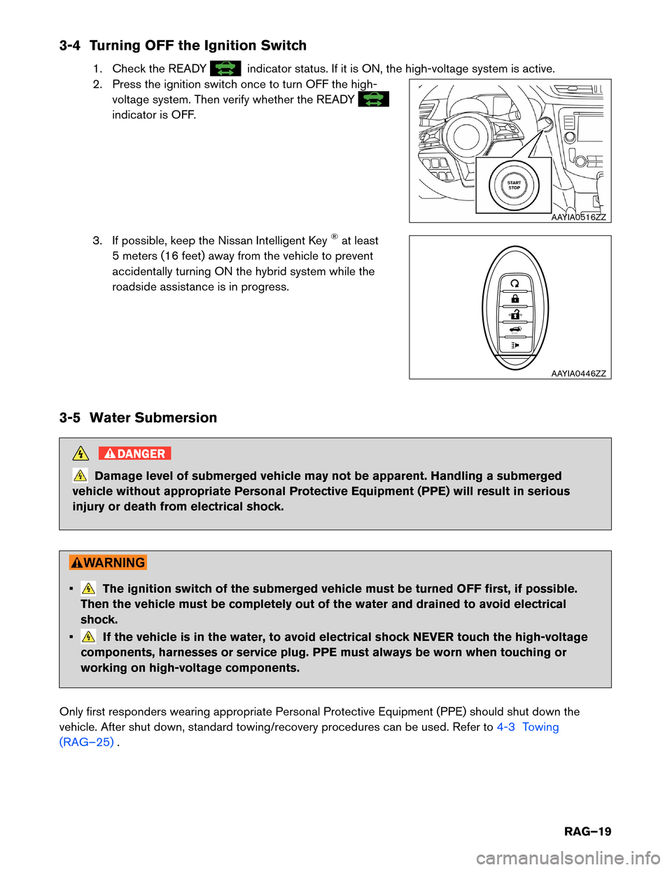 NISSAN ROGUE HYBRID 2017 2.G Roadside Assistance Guide 3-4 Turning OFF the Ignition Switch
1. Check the READY indicator status. If it is ON, the high-voltage system is active.
2.

Press the ignition switch once to turn OFF the high-
voltage system. Then v