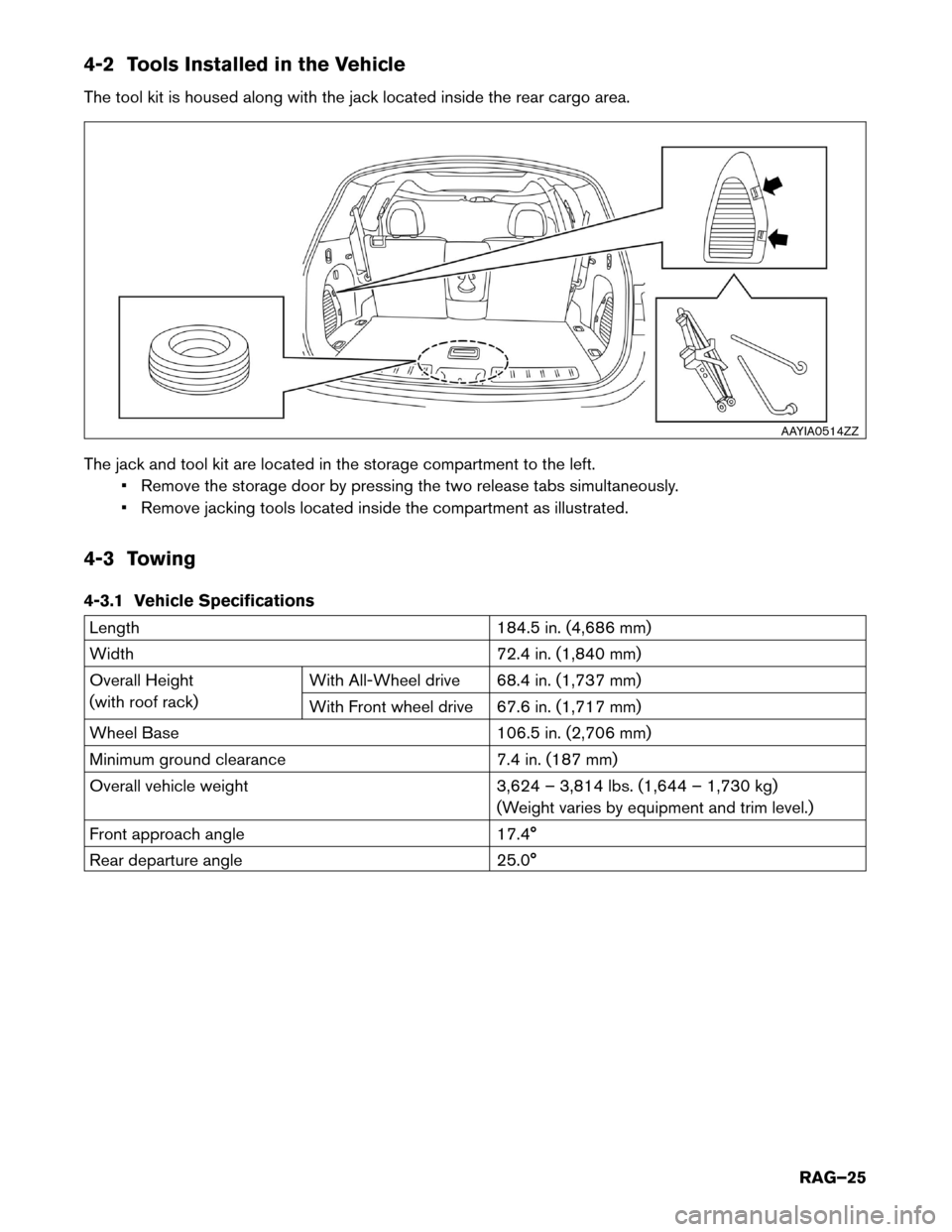 NISSAN ROGUE HYBRID 2017 2.G Roadside Assistance Guide 4-2 Tools Installed in the Vehicle
The
tool kit is housed along with the jack located inside the rear cargo area.
The jack and tool kit are located in the storage compartment to the left. • Remove t