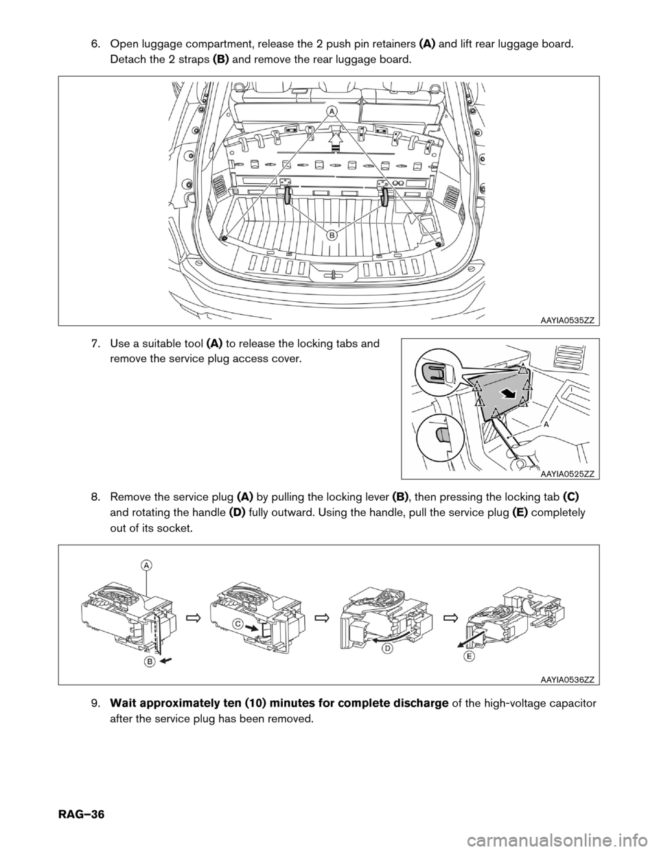 NISSAN ROGUE HYBRID 2017 2.G Roadside Assistance Guide 6. Open luggage compartment, release the 2 push pin retainers
(A)and lift rear luggage board.
Detach the 2 straps (B)and remove the rear luggage board.
7. Use a suitable tool (A)to release the locking