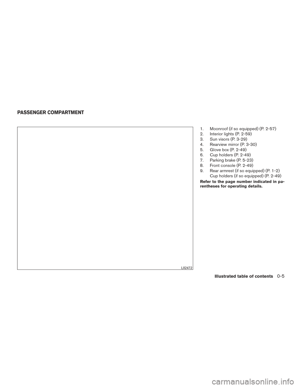 NISSAN SENTRA 2017 B17 / 7.G User Guide 1. Moonroof (if so equipped) (P. 2-57)
2. Interior lights (P. 2-59)
3. Sun visors (P. 3-29)
4. Rearview mirror (P. 3-30)
5. Glove box (P. 2-49)
6. Cup holders (P. 2-49)
7. Parking brake (P. 5-23)
8. F