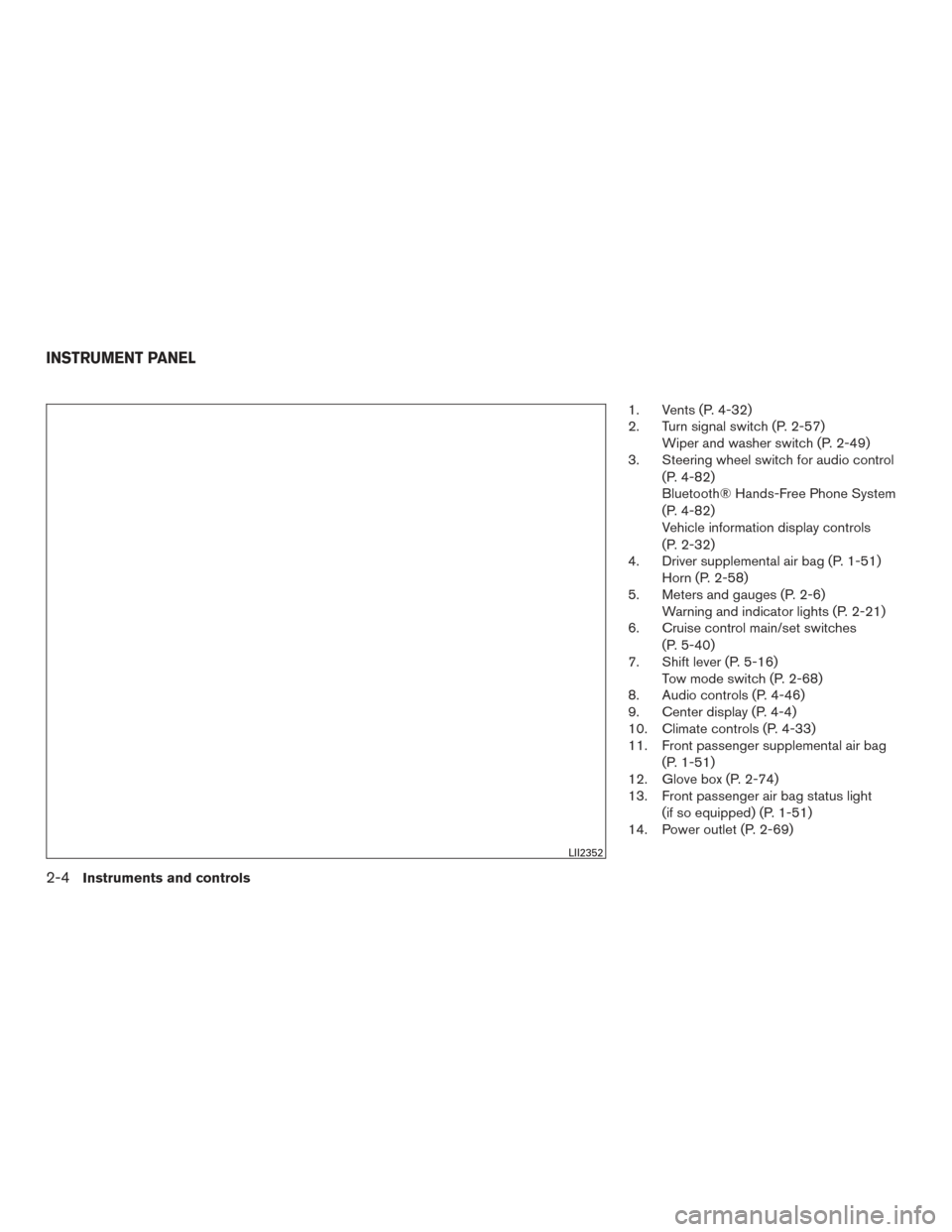 NISSAN TITAN 2017 2.G Owners Manual 1. Vents (P. 4-32)
2. Turn signal switch (P. 2-57)Wiper and washer switch (P. 2-49)
3. Steering wheel switch for audio control
(P. 4-82)
Bluetooth® Hands-Free Phone System
(P. 4-82)
Vehicle informati