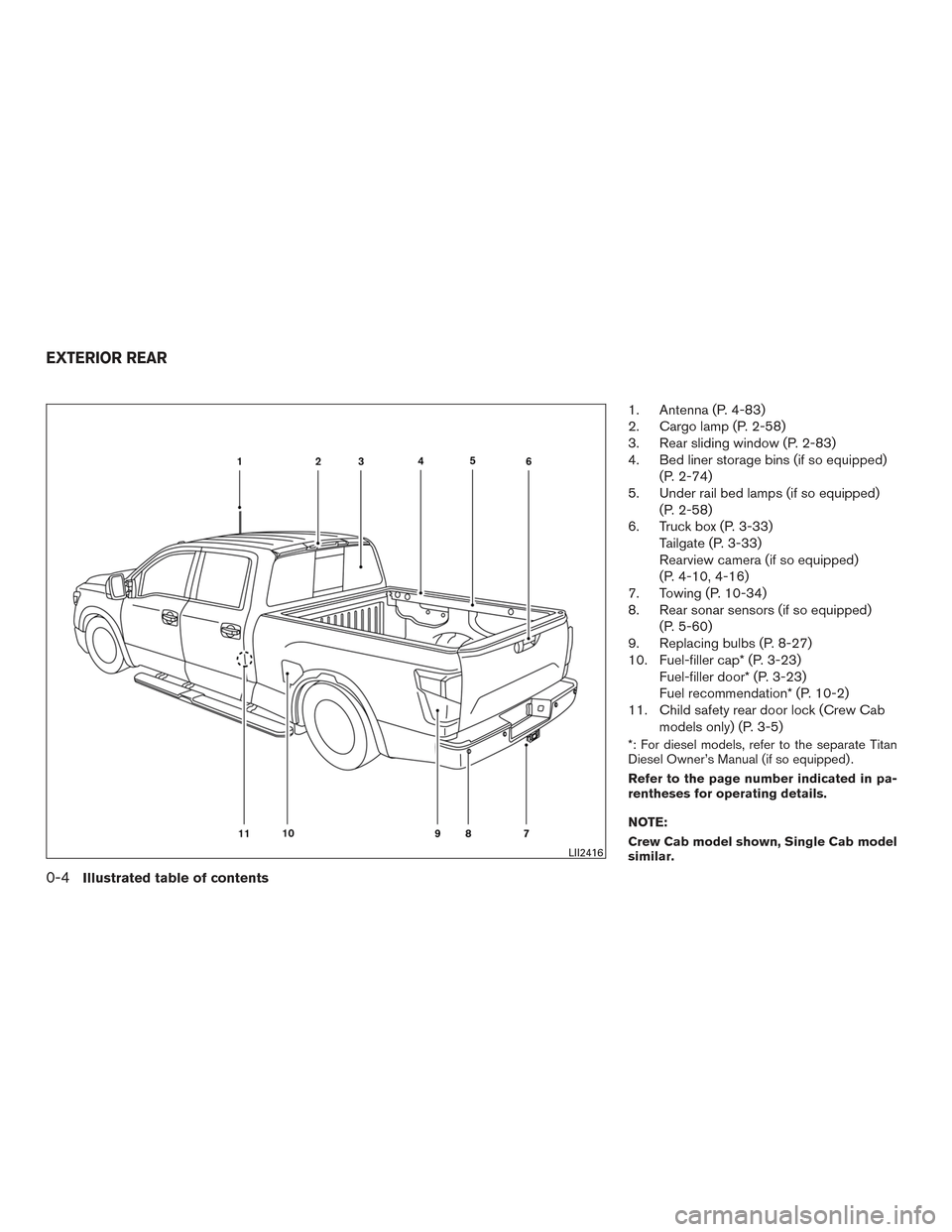 NISSAN TITAN 2017 2.G Owners Manual 1. Antenna (P. 4-83)
2. Cargo lamp (P. 2-58)
3. Rear sliding window (P. 2-83)
4. Bed liner storage bins (if so equipped)(P. 2-74)
5. Under rail bed lamps (if so equipped) (P. 2-58)
6. Truck box (P. 3-