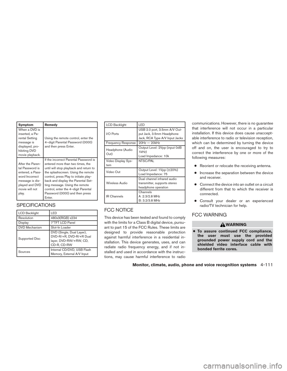 NISSAN TITAN 2017 2.G Owners Manual Symptom Remedy
When a DVD is
inserted, a Pa-
rental Setting
message is
displayed, pro-
hibiting DVD
movie playback.Using the remote control, enter the
4–digit Parental Password (0000)
and then press NISSAN TITAN 2017 2.G Owners Manual Symptom Remedy
When a DVD is
inserted, a Pa-
rental Setting
message is
displayed, pro-
hibiting DVD
movie playback.Using the remote control, enter the
4–digit Parental Password (0000)
and then press