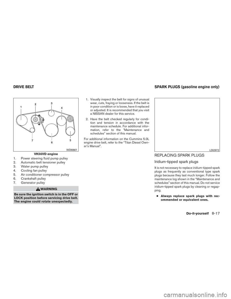 NISSAN TITAN 2017 2.G Owners Manual 1. Power steering fluid pump pulley
2. Automatic belt tensioner pulley
3. Water pump pulley
4. Cooling fan pulley
5. Air conditioner compressor pulley
6. Crankshaft pulley
7. Generator pulley
WARNING
