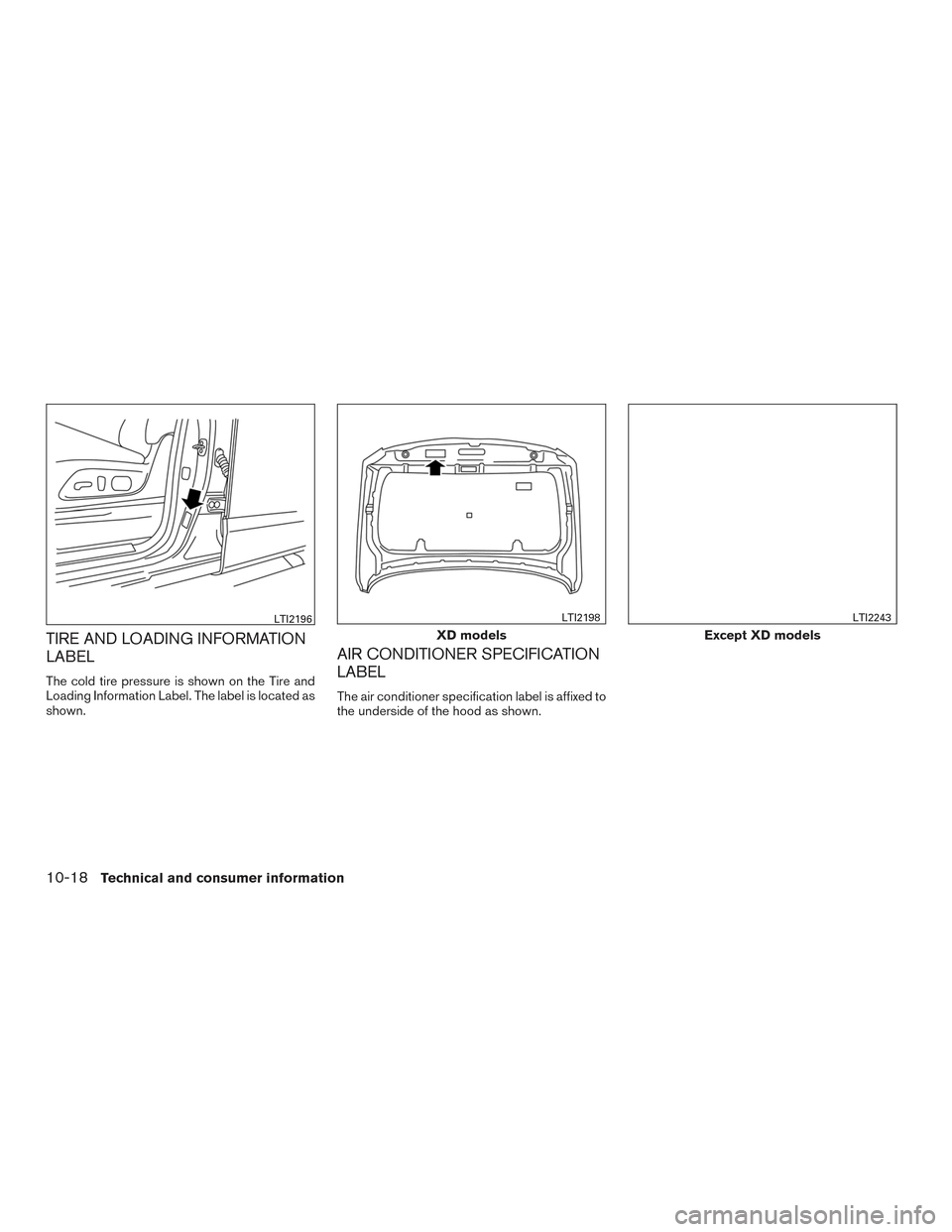 NISSAN TITAN 2017 2.G Owners Manual TIRE AND LOADING INFORMATION
LABEL
The cold tire pressure is shown on the Tire and
Loading Information Label. The label is located as
shown.
AIR CONDITIONER SPECIFICATION
LABEL
The air conditioner spe NISSAN TITAN 2017 2.G Owners Manual TIRE AND LOADING INFORMATION
LABEL
The cold tire pressure is shown on the Tire and
Loading Information Label. The label is located as
shown.
AIR CONDITIONER SPECIFICATION
LABEL
The air conditioner spe