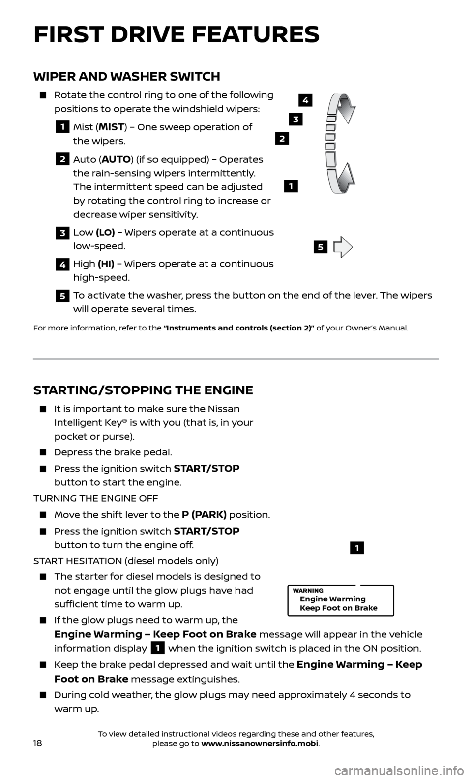 NISSAN TITAN 2017 2.G Quick Reference Guide 18
WIPER AND WASHER SWITCH
Rotate the control ring to one of the following positions to operate the windshield wipers:
1 Mist (MIST) – One sweep operation of
the wipers.
2 Auto (AUTO) (i NISSAN TITAN 2017 2.G Quick Reference Guide 18
WIPER AND WASHER SWITCH
Rotate the control ring to one of the following positions to operate the windshield wipers:
1 Mist (MIST) – One sweep operation of
the wipers.
2 Auto (AUTO) (i