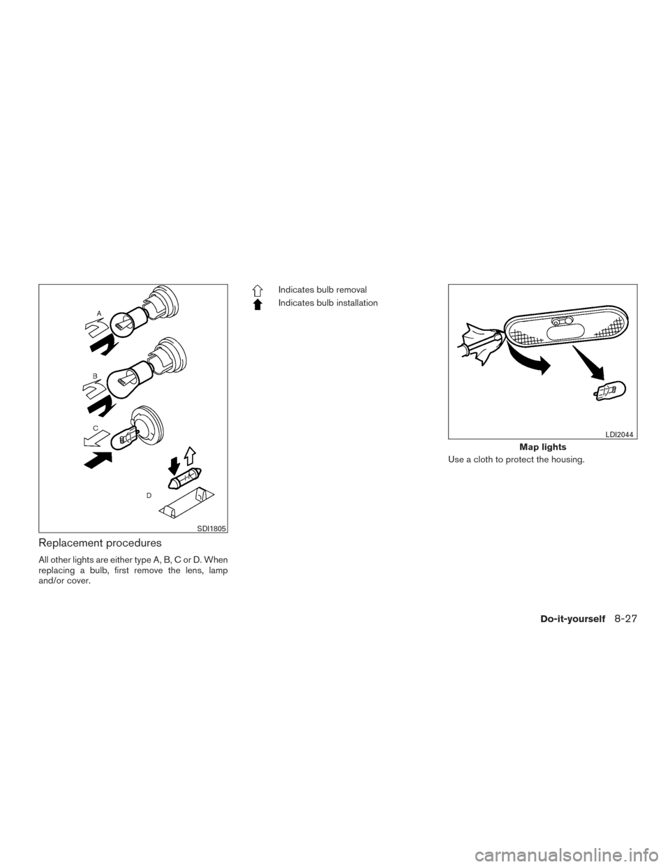 NISSAN VERSA NOTE 2017 2.G Owners Manual Replacement procedures
All other lights are either type A, B, C or D. When
replacing a bulb, first remove the lens, lamp
and/or cover.
Indicates bulb removal
Indicates bulb installationUse a cloth to 