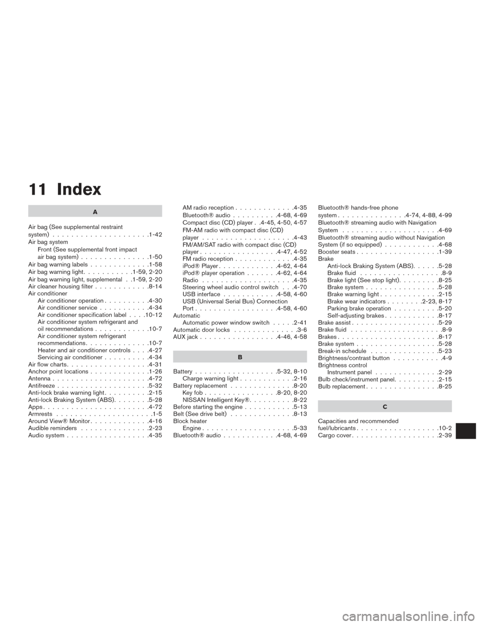 NISSAN VERSA NOTE 2017 2.G Owners Manual 11 Index
A
Air bag (See supplemental restraint
system) .....................1-42
Air bag system Front (See supplemental front impact
air bag system) ...............1-50
Airbagwarninglabels............ NISSAN VERSA NOTE 2017 2.G Owners Manual 11 Index
A
Air bag (See supplemental restraint
system) .....................1-42
Air bag system Front (See supplemental front impact
air bag system) ...............1-50
Airbagwarninglabels............
