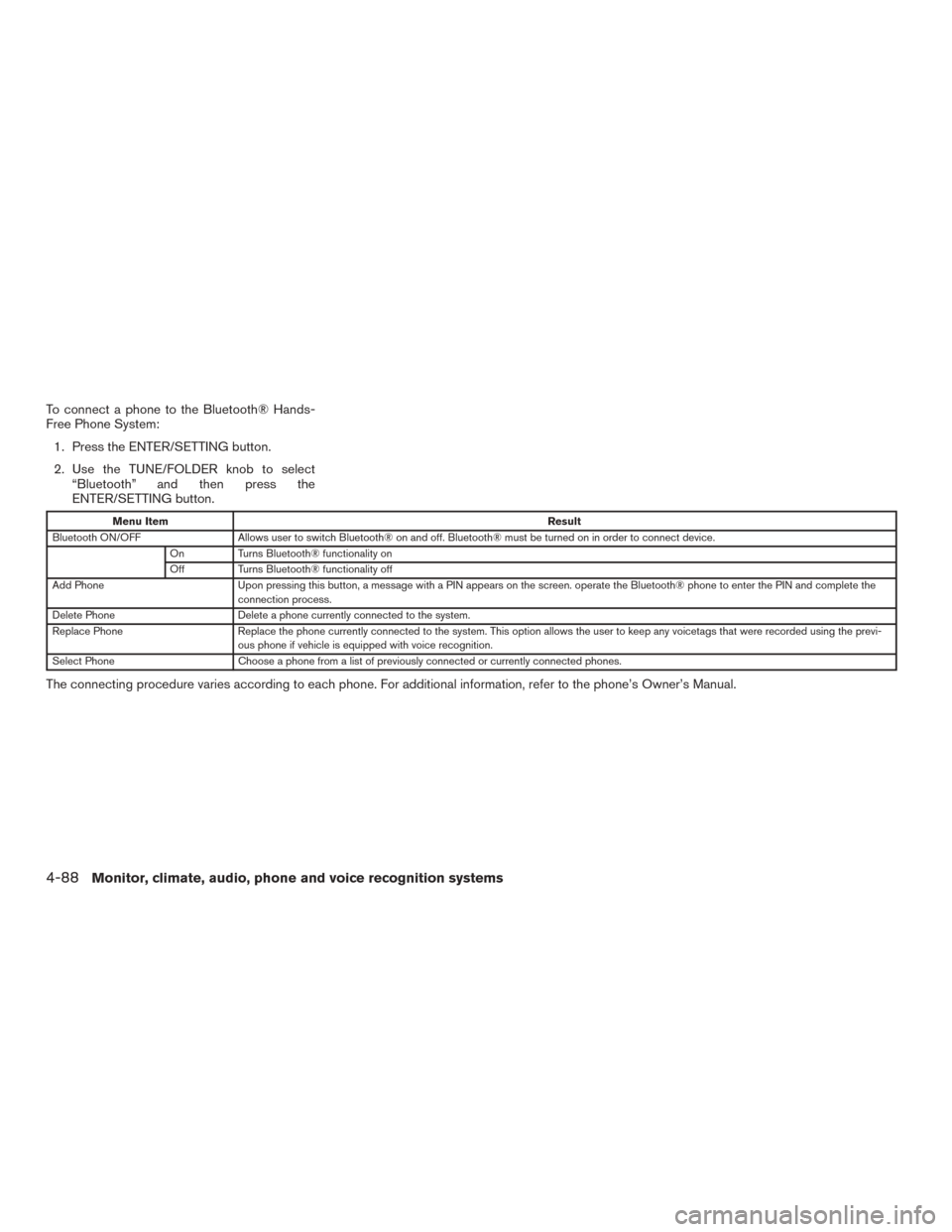 NISSAN VERSA SEDAN 2017 2.G Owners Manual To connect a phone to the Bluetooth® Hands-
Free Phone System:1. Press the ENTER/SETTING button.
2. Use the TUNE/FOLDER knob to select “Bluetooth” and then press the
ENTER/SETTING button.
Menu It