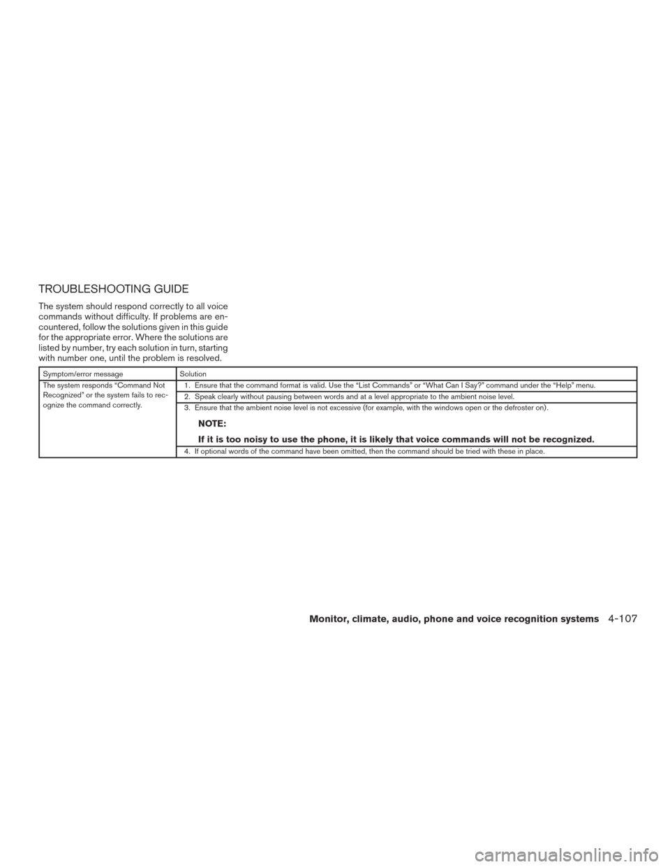 NISSAN VERSA SEDAN 2017 2.G Owners Manual TROUBLESHOOTING GUIDE
The system should respond correctly to all voice
commands without difficulty. If problems are en-
countered, follow the solutions given in this guide
for the appropriate error. W