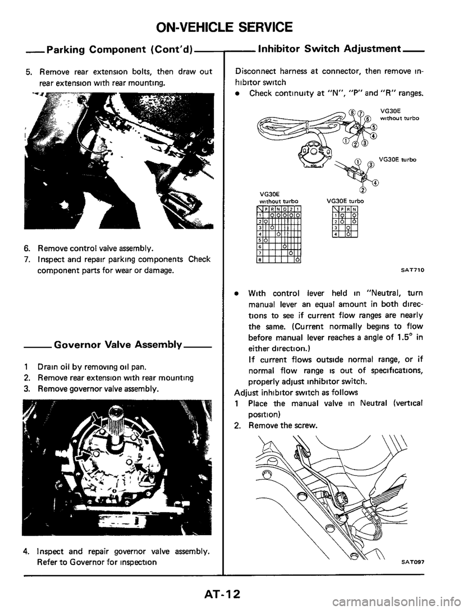 NISSAN 300ZX 1984 Z31 Automatic Transmission User Guide ~  ~~ ON-VEHICLE 
SERVICE 
-Parking  Component (Contd)- 
5. Remove  rear extension  bolts, then draw out 
rear extension  with rear mounting. 
6. Remove  control valve assembly. 
7. Inspect and repai