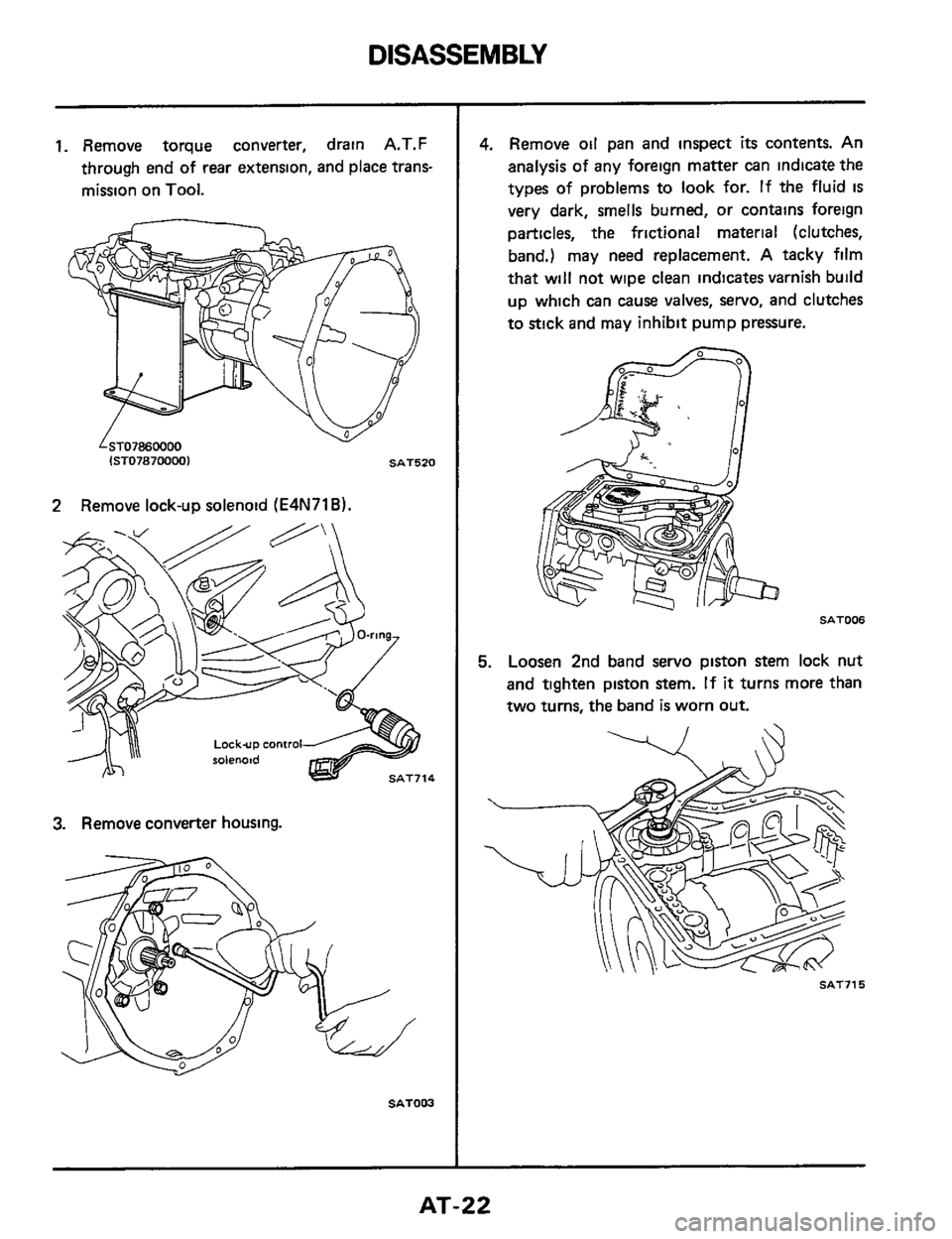 NISSAN 300ZX 1984 Z31 Automatic Transmission Workshop Manual DISASSEMBLY 
1. Remove torque converter,  drain A.T.F 
through  end of 
rear extension,  and place  trans- 
mission  on 
Tool. 
v 
SAT520 
2 Remove  lock-up solenoid (E4N71B). 
3. Remove  converter  h