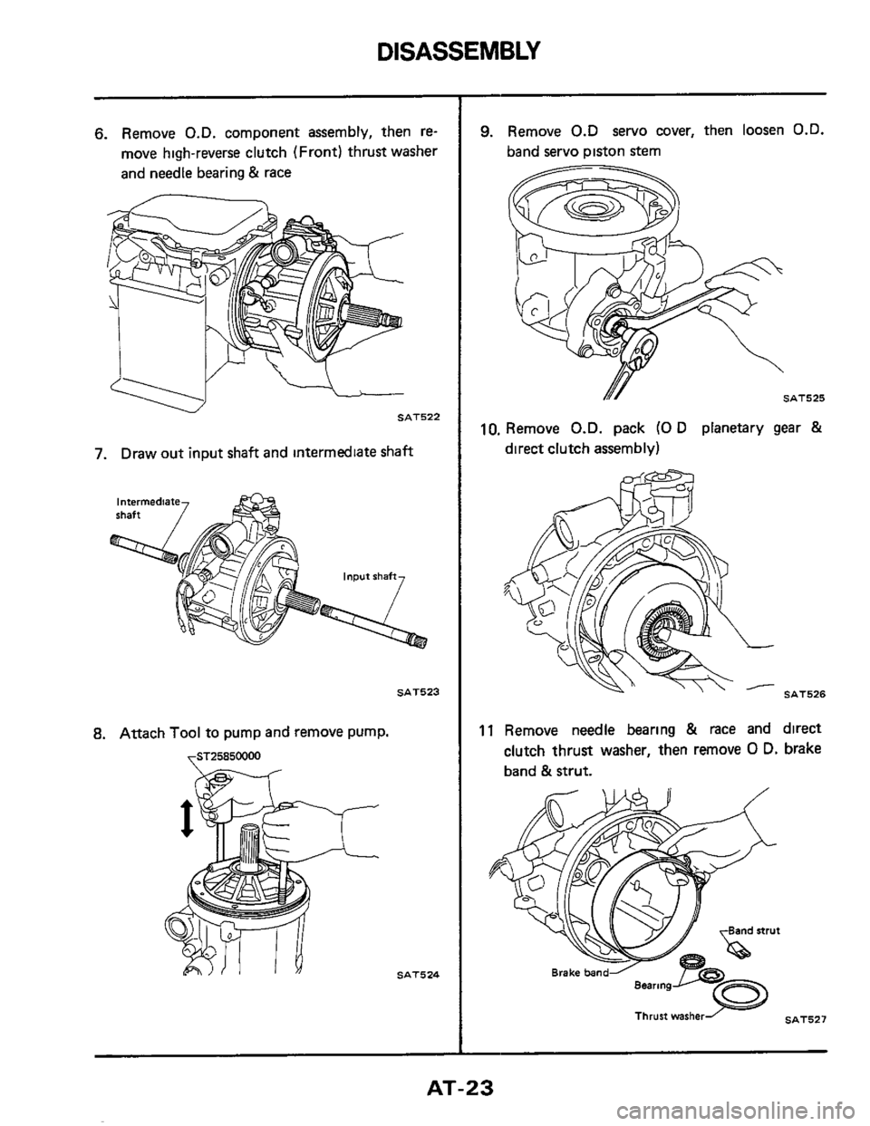 NISSAN 300ZX 1984 Z31 Automatic Transmission Owners Manual DISASSEMBLY 
6. Remove O.D. component  assembly, then re- 
move  high-reverse  clutch (Front)  thrust washer 
and  needle bearing 
& race 
7. Draw  out input  shaft and intermedtate shaft 
8. Attach T
