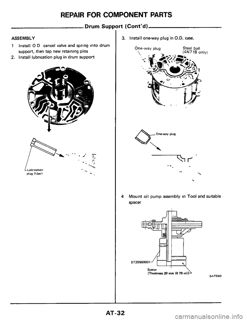 NISSAN 300ZX 1984 Z31 Automatic Transmission Owners Guide REPAIR FOR COMPONENT PARTS 
Drum Support  (Contd) 
ASSEMBLY 
1 Install 0 D cancel valve and spring  into drum 
suppon,  then tap new  retaining  pins 
2. Install lubrication plug  in drum  support 
!