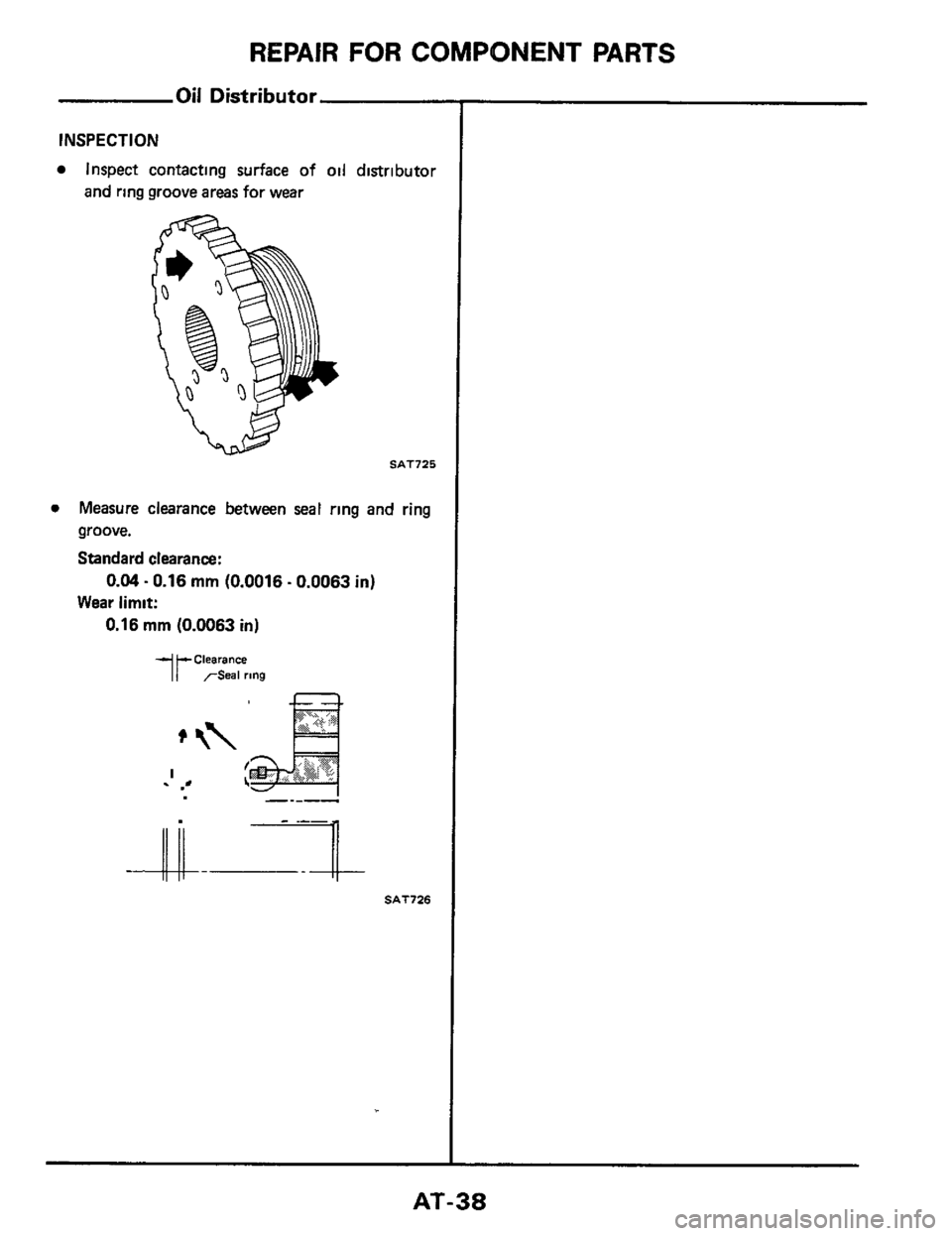 NISSAN 300ZX 1984 Z31 Automatic Transmission Owners Guide REPAIR FOR COMPONENT PARTS
Oil Distributor
INSPECTION
Inspect contacting surface of oil distributor
and ring groove areas for wear
SAT725
0 Measure clearance between seal ring and ring
gr NISSAN 300ZX 1984 Z31 Automatic Transmission Owners Guide REPAIR FOR COMPONENT PARTS
Oil Distributor
INSPECTION
Inspect contacting surface of oil distributor
and ring groove areas for wear
SAT725
0 Measure clearance between seal ring and ring
gr