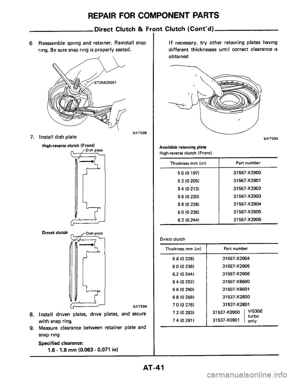 NISSAN 300ZX 1984 Z31 Automatic Transmission Workshop Manual REPAIR FOR COMPONENT PARTS 
Thickness mm (in) 
50(0197) 
5 
2 (0 2051 
54(02131 
5 
6 (0 2201 
5 8 (0 2281 
6 0 IO 236) 
6 2 10.244) 
- 
Direct  Clutch & FI 
Part number 
31567-XZ900 
31567-XZ901 
31 