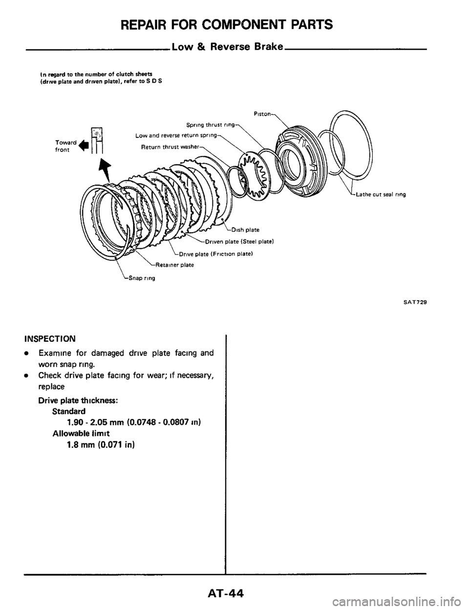 NISSAN 300ZX 1984 Z31 Automatic Transmission Service Manual REPAIR FOR COMPONENT PARTS 
Low & Reverse Brake 
In regard to the number of clutch sheets (drwe plate and driven platel. refer to S D S 
Toward front 
Sprmg thrust rkng 
Low and reverse return spring 