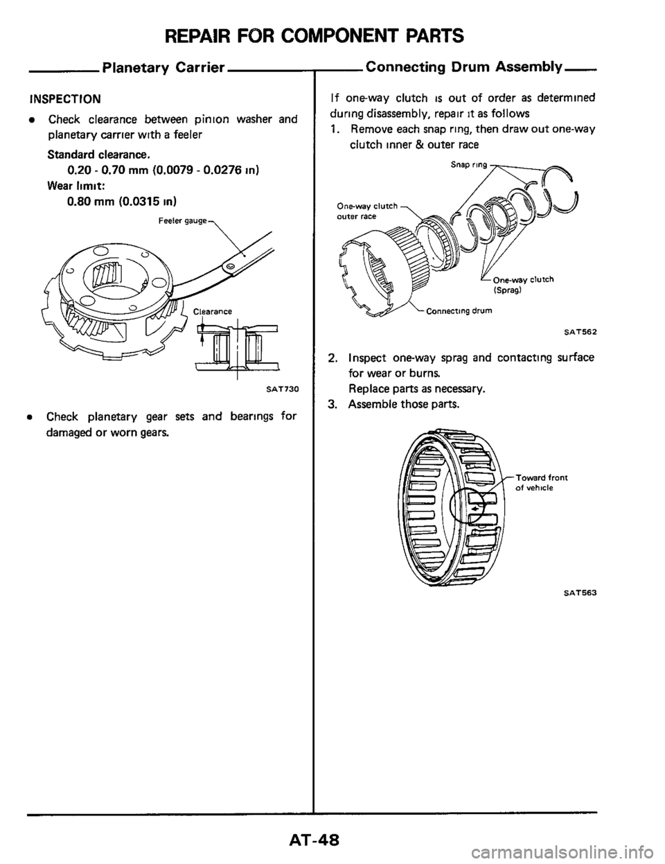 NISSAN 300ZX 1984 Z31 Automatic Transmission Service Manual REPAIR FOR COMPONENT PARTS 
Planetary  Carrier 
INSPECTION 
Check clearance  between pinion washer  and 
planetary carrier  with a feeler 
Standard  clearance. 
Wear 
limit: 
0.20 ~ 0.70 mm (0.0079 - 