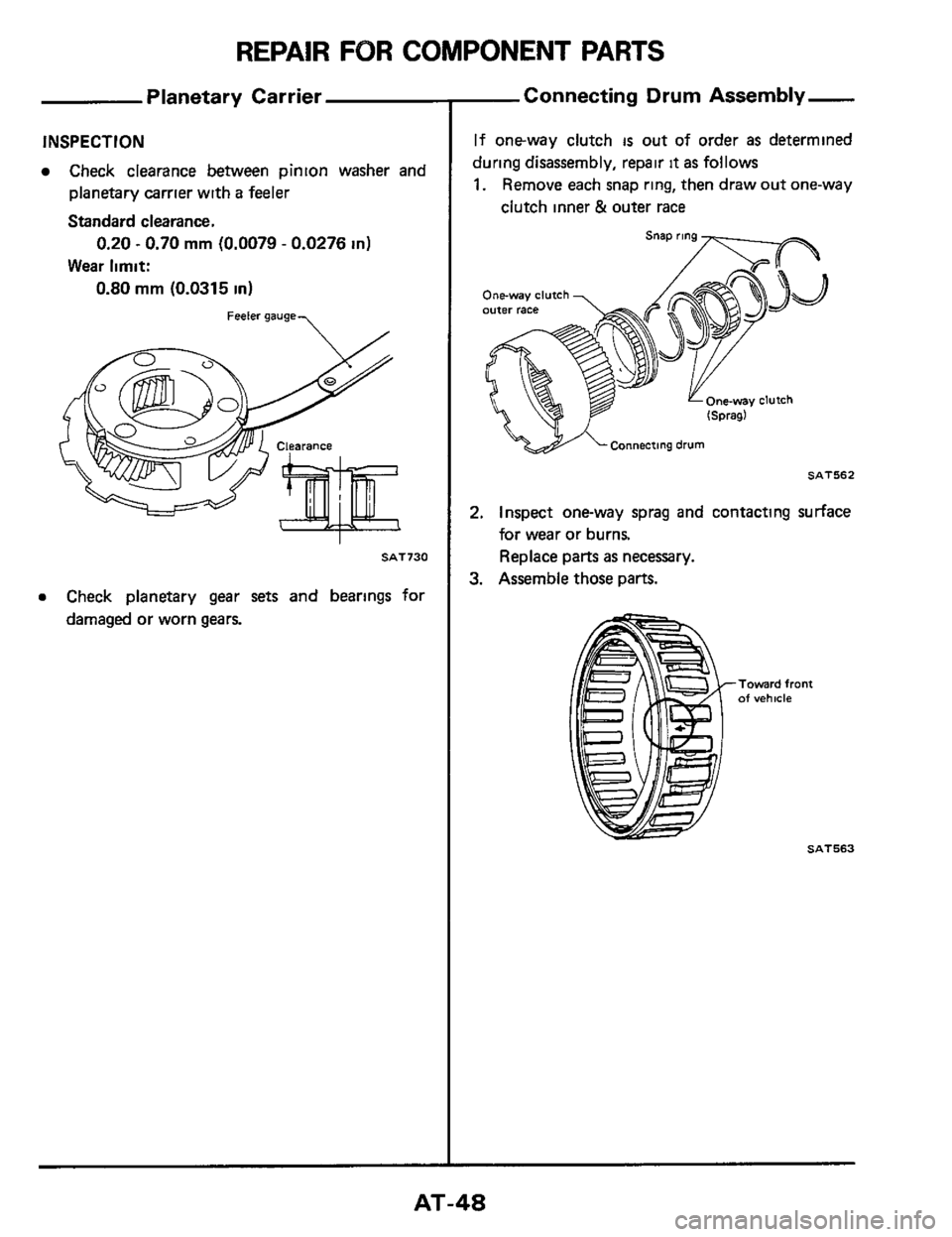 NISSAN 300ZX 1984 Z31 Automatic Transmission Workshop Manual REPAIR FOR COMPONENT PARTS 
Planetary  Carrier 
INSPECTION 
Check clearance  between pinion washer  and 
planetary carrier  with a feeler 
Standard  clearance. 
Wear 
limit: 
0.20 ~ 0.70 mm (0.0079 - 