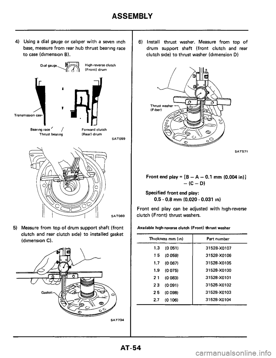 NISSAN 300ZX 1984 Z31 Automatic Transmission Repair Manual ASSEMBLY 
4) Using a dial gauge  or caliper  with a seven inch 
base,  measure  from rear hub  thrust  bearing  race 
to  case  (dimension 
6). 
Dial gauge-  High-reverse clutch IFrontl drum 
Bearing 