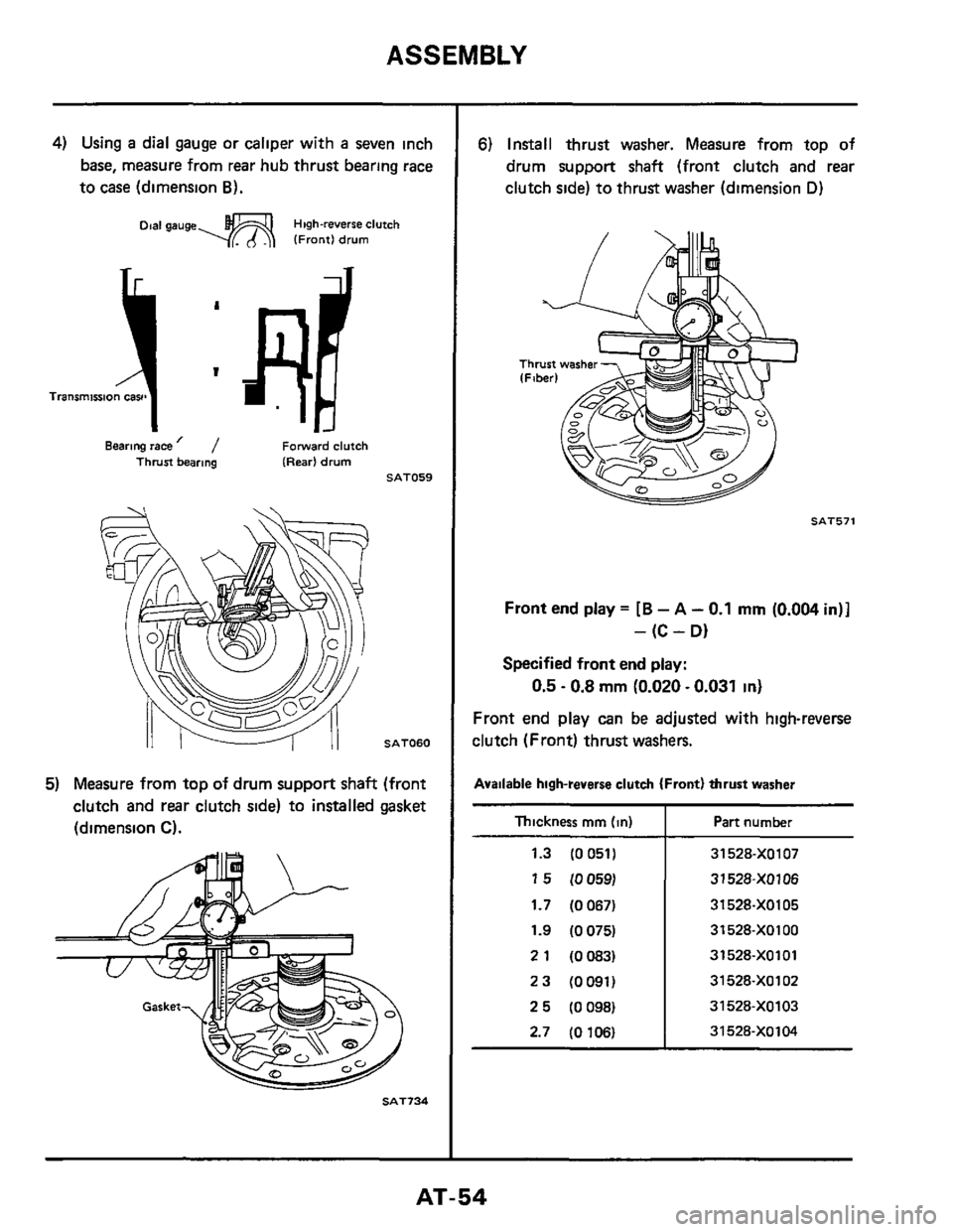 NISSAN 300ZX 1984 Z31 Automatic Transmission Repair Manual ASSEMBLY
4) Using a dial gauge or caliper with a seven inch
base, measure from rear hub thrust bearing race
to case (dimension
6).
Dial gauge- High-reverse clutch IFrontl drum
Bearing NISSAN 300ZX 1984 Z31 Automatic Transmission Repair Manual ASSEMBLY
4) Using a dial gauge or caliper with a seven inch
base, measure from rear hub thrust bearing race
to case (dimension
6).
Dial gauge- High-reverse clutch IFrontl drum
Bearing