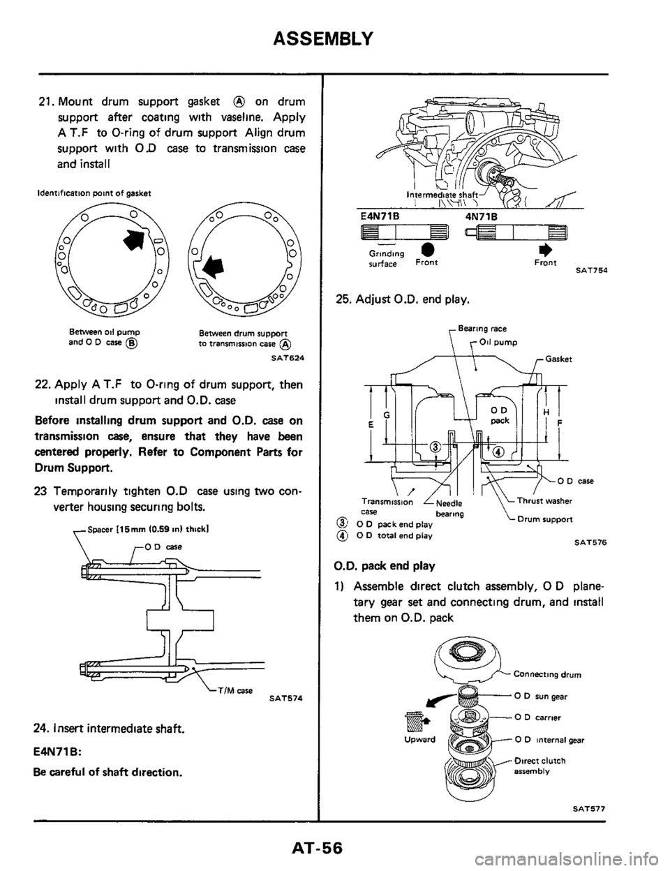 NISSAN 300ZX 1984 Z31 Automatic Transmission Repair Manual ASSEMBLY 
21. Mount drum  support  gasket @ on drum 
support 
after coating  with vaseline.  Apply 
A 
T.F to  O-ring of drum  support  Align drum 
support  with 
0.D case to transmission case 
and  i