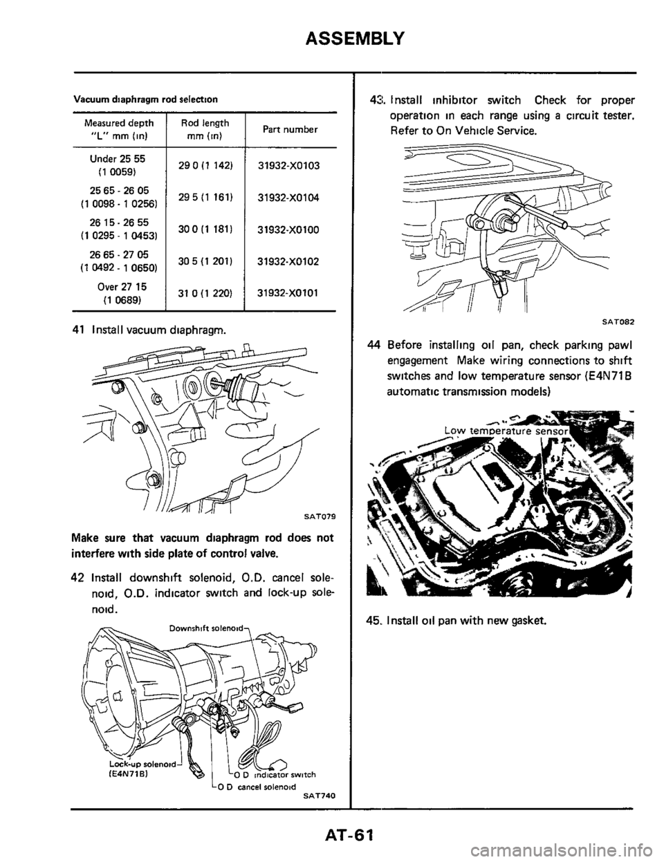 NISSAN 300ZX 1984 Z31 Automatic Transmission Workshop Manual ASSEMBLY
290 (1 142)
29 5 (1 161)
30 0 (1 1811
30 5 (1 201)
31 0 (1 220)
Vacuum diaphragm rod selection
31932-XO103
31932-X0104
31932-XOlOO
31932-X0102
31932-XOlOl
Measured depth
“L NISSAN 300ZX 1984 Z31 Automatic Transmission Workshop Manual ASSEMBLY
290 (1 142)
29 5 (1 161)
30 0 (1 1811
30 5 (1 201)
31 0 (1 220)
Vacuum diaphragm rod selection
31932-XO103
31932-X0104
31932-XOlOO
31932-X0102
31932-XOlOl
Measured depth
“L