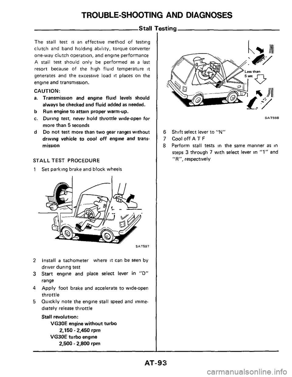 NISSAN 300ZX 1984 Z31 Automatic Transmission Owners Manual TROUBLE-SHOOTING AND DIAGNOSES
Stall
The stall test is an effective method of testing
clutch and band holding ability, torque converter
one-way clutch operation, and engine performance
A
NISSAN 300ZX 1984 Z31 Automatic Transmission Owners Manual TROUBLE-SHOOTING AND DIAGNOSES
Stall
The stall test is an effective method of testing
clutch and band holding ability, torque converter
one-way clutch operation, and engine performance
A