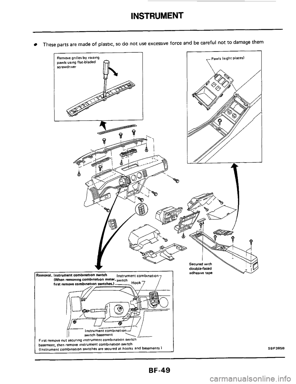 NISSAN 300ZX 1984 Z31 Body Workshop Manual INSTRUMENT 
These parts are made of plastlc, so do not use excessive force and be careful not to damage them 
Remove griller by raising pawls umg flatbladed 
screwdrwer 
Removal. Instrument  mmbinatlo