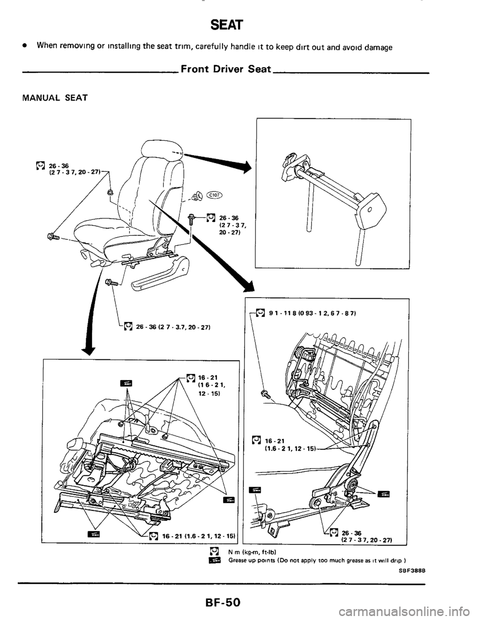 NISSAN 300ZX 1984 Z31 Body Service Manual SEAT 
When removing  or installing the seat trim,  carefully  handle it to keep dirt out and  avoid  damage 
Front  Driver  Seat 
MANUAL  SEAT 
26-36 (2 7.3 7,20  -27) 
26 - 36 (2 7.3.7,20 - 271 
P 
v