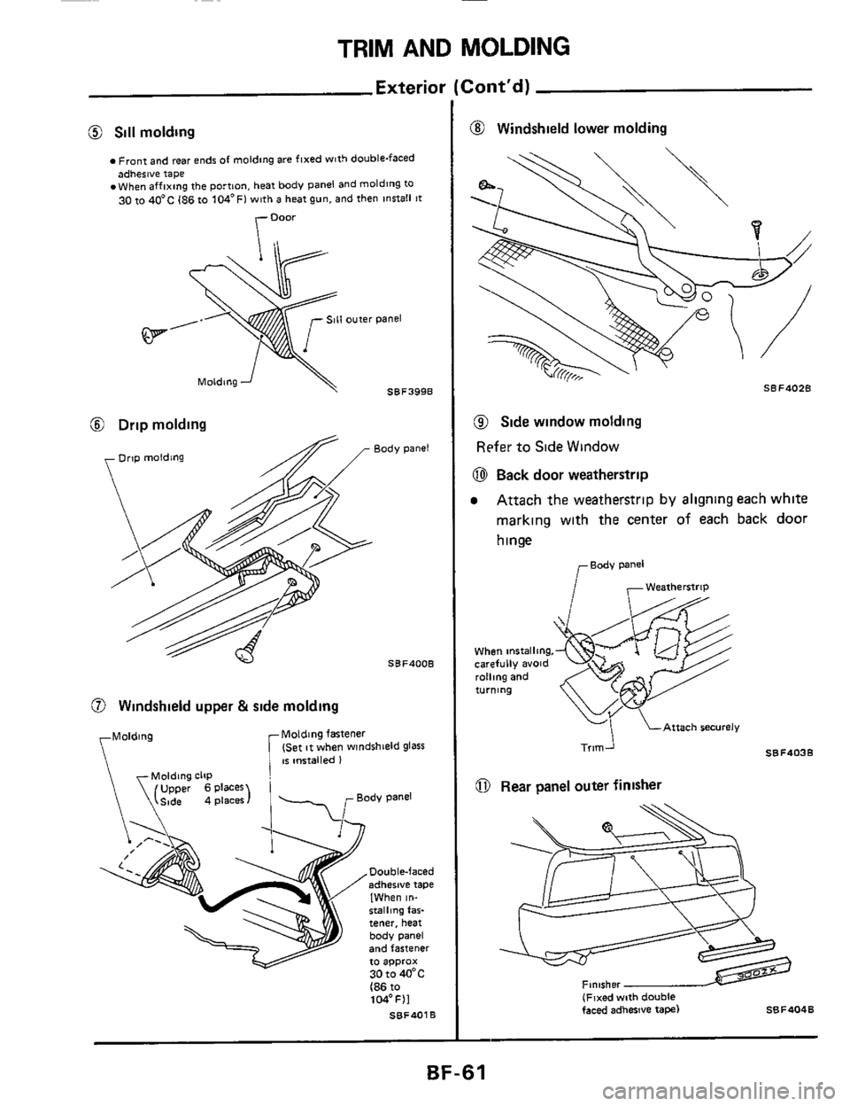 NISSAN 300ZX 1984 Z31 Body Workshop Manual TRIM AND MOLDING 
Exterioi 
@ Sill molding 
Front  and rear  ends  of molding  are fixed  with double-faced 
.When  affixing  the portion,  heat body  panel  and moldlng 
to adhesive  tape 
30 to 40C