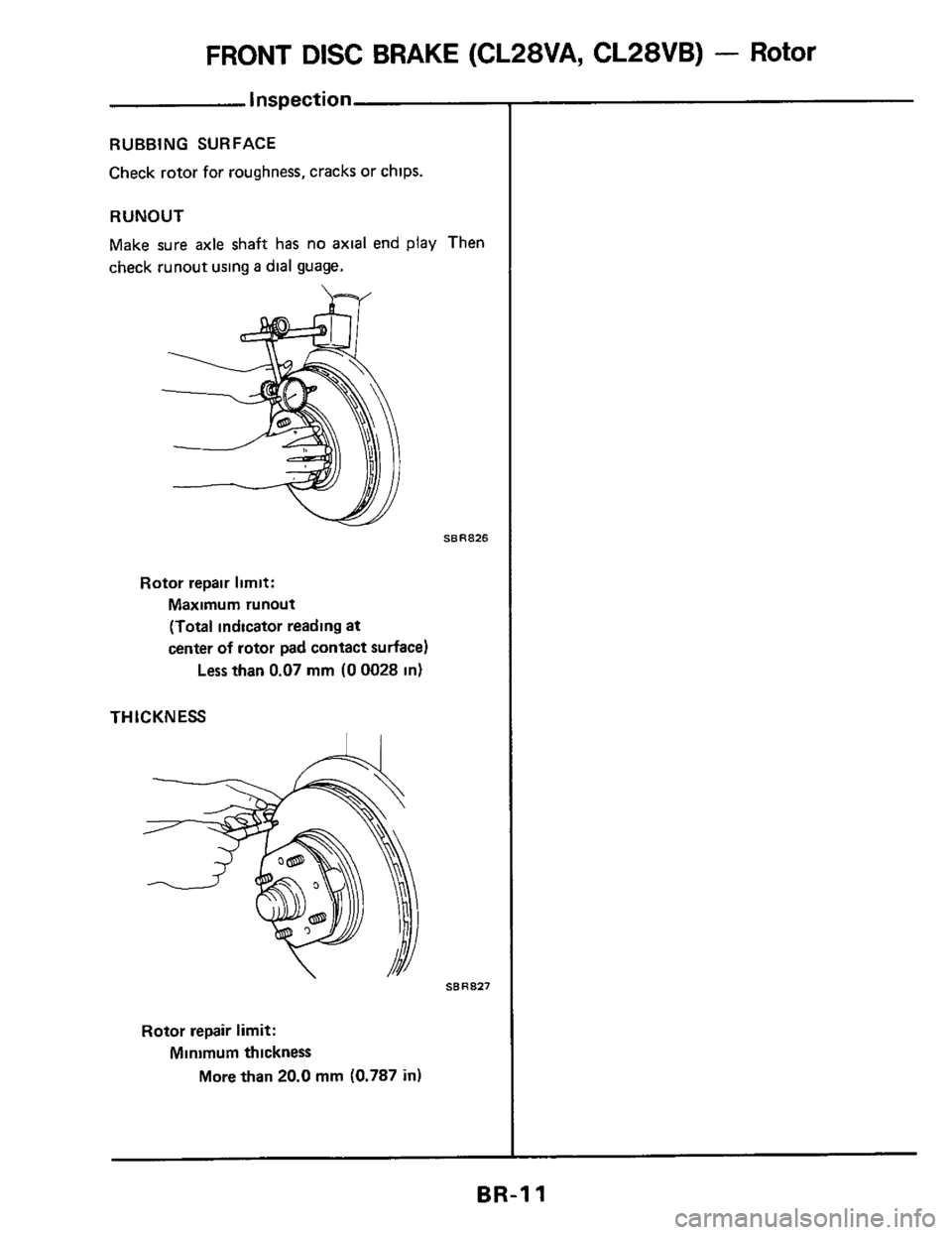 NISSAN 300ZX 1984 Z31 Brake System User Guide FRONT DISC BRAKE  (CL28VA,  CL28VB) - Rotor 
Inspection 
RUBBING  SURFACE 
Check  rotor for roughness,  cracks or chips. 
RUNOUT 
Make  sure axle  shaft  has 
no axial end play  Then 
check  runout  u