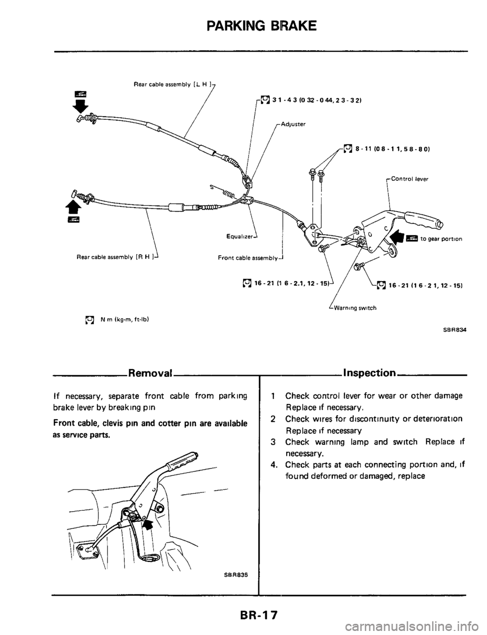 NISSAN 300ZX 1984 Z31 Brake System User Guide PARKING BRAKE 
Rear cable assembly [L H 1 
(9) 3 1 -4 3 IO 32.0 44,2 3 - 3 21 
[01 8-11 108-1 1.58-80) 
Rear cable assembly [R H Front cable assembly- 
(9116.21 116-2.1.12-  ~16-21H6-21,12-151 
[01 N 