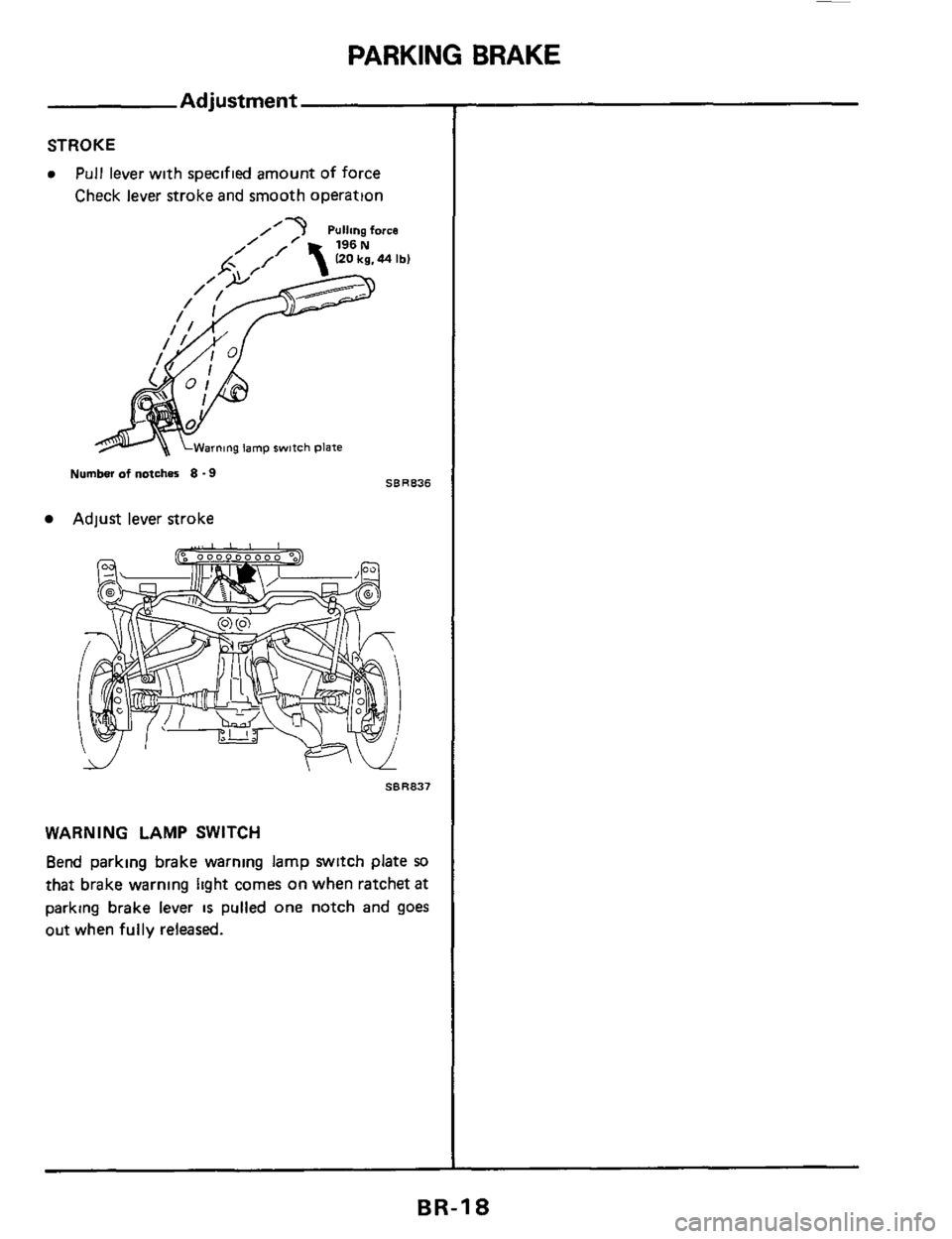 NISSAN 300ZX 1984 Z31 Brake System User Guide PARKING BRAKE 
Adjustment 
STROKE 
0 Pull lever with  specified  amount of force 
Check  lever stroke  and smooth operation 
Number of notches 8 .9 
Adjust  lever stroke 
SERB36 
WARNING  LAMP  SWITCH