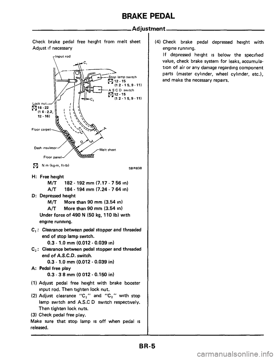 NISSAN 300ZX 1984 Z31 Brake System Workshop Manual BRAKEPEDAL 
Adjustment 
Check brake pedal free height  from melt sheet 
Adjust 
if necessary 
I1  2.15.9-  111 
AS C D switch 
I /-k I1 2 - 1 5,9.111 
Dash insulator 
N m 1kg-m. ft-lbl 
sheet 
SERE38 