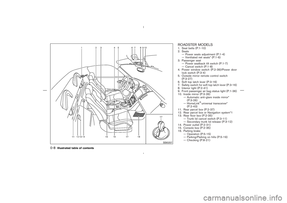 NISSAN 370Z 2009 User Guide universal transceiver*
(P.2-43)
11. Rear parcel box (P.2-37)
12. Rear parcel box or Navigation system*1
13. Rear floor box (P.2-35)
— Trunk lid cancel switch (P.3-11)
— Secondary trunk lid release NISSAN 370Z 2009 User Guide universal transceiver*
(P.2-43)
11. Rear parcel box (P.2-37)
12. Rear parcel box or Navigation system*1
13. Rear floor box (P.2-35)
— Trunk lid cancel switch (P.3-11)
— Secondary trunk lid release