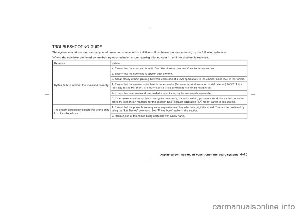 NISSAN 370Z 2009  Owners Manual Symptom Solution
System fails to interpret the command correctly.1. Ensure that the command is valid. See “List of voice commands” earlier in this section.
2. Ensure that the command is spoken aft