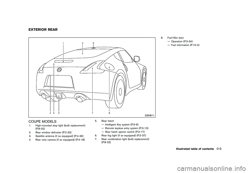 NISSAN 370Z 2017 User Guide .Right after inflation, several side air
bags and curtain air bag system
components will be hot. Do not
touch them; you may severely burn
yourself.
. No unauthorized changes should be
made to any comp