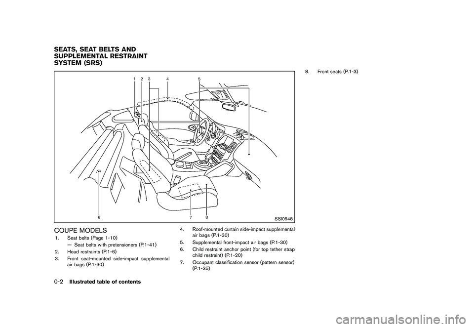 NISSAN 370Z 2017  Owners Manual sensor to turn the air bag OFF. Always be sure
to be seated and wearing the seat belt properly
for the most effective protection by the seat belt
and supplemental air bag.
The occupant classification 