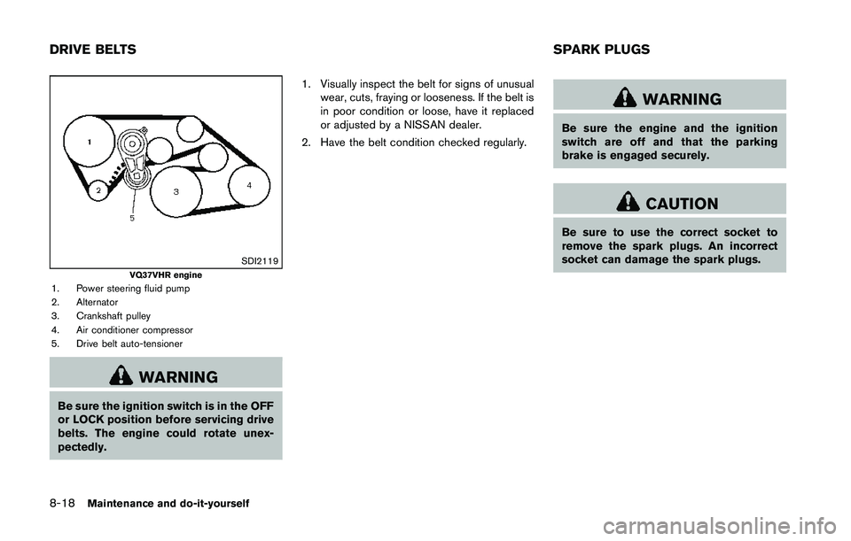 NISSAN 370Z 2014 Owners Manual SDI2119VQ37VHR engine1. Power steering fluid pump
2. Alternator
3. Crankshaft pulley
4. Air conditioner compressor
5. Drive belt auto-tensioner NISSAN 370Z 2014 Owners Manual SDI2119VQ37VHR engine1. Power steering fluid pump
2. Alternator
3. Crankshaft pulley
4. Air conditioner compressor
5. Drive belt auto-tensioner