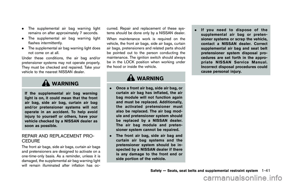 NISSAN 370Z 2014 Repair Manual .The supplemental air bag warning light
remains on after approximately 7 seconds.
. The supplemental air bag warning light
flashes intermittently.
. The supplemental air bag warning light does
not com