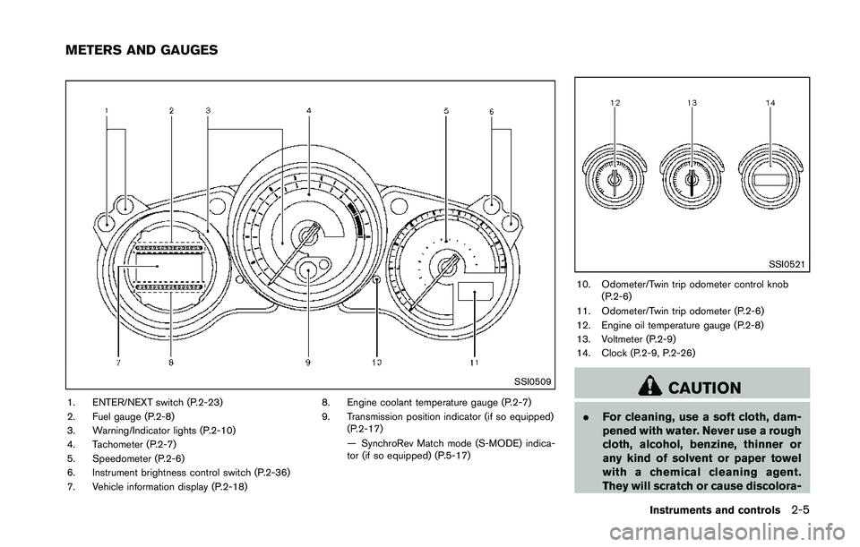 NISSAN 370Z 2014 Repair Manual SSI0509
1. ENTER/NEXT switch (P.2-23)
2. Fuel gauge (P.2-8)
3. Warning/Indicator lights (P.2-10)
4. Tachometer (P.2-7)
5. Speedometer (P.2-6)
6. Instrument brightness control switch (P.2-36)
7. Vehicl
