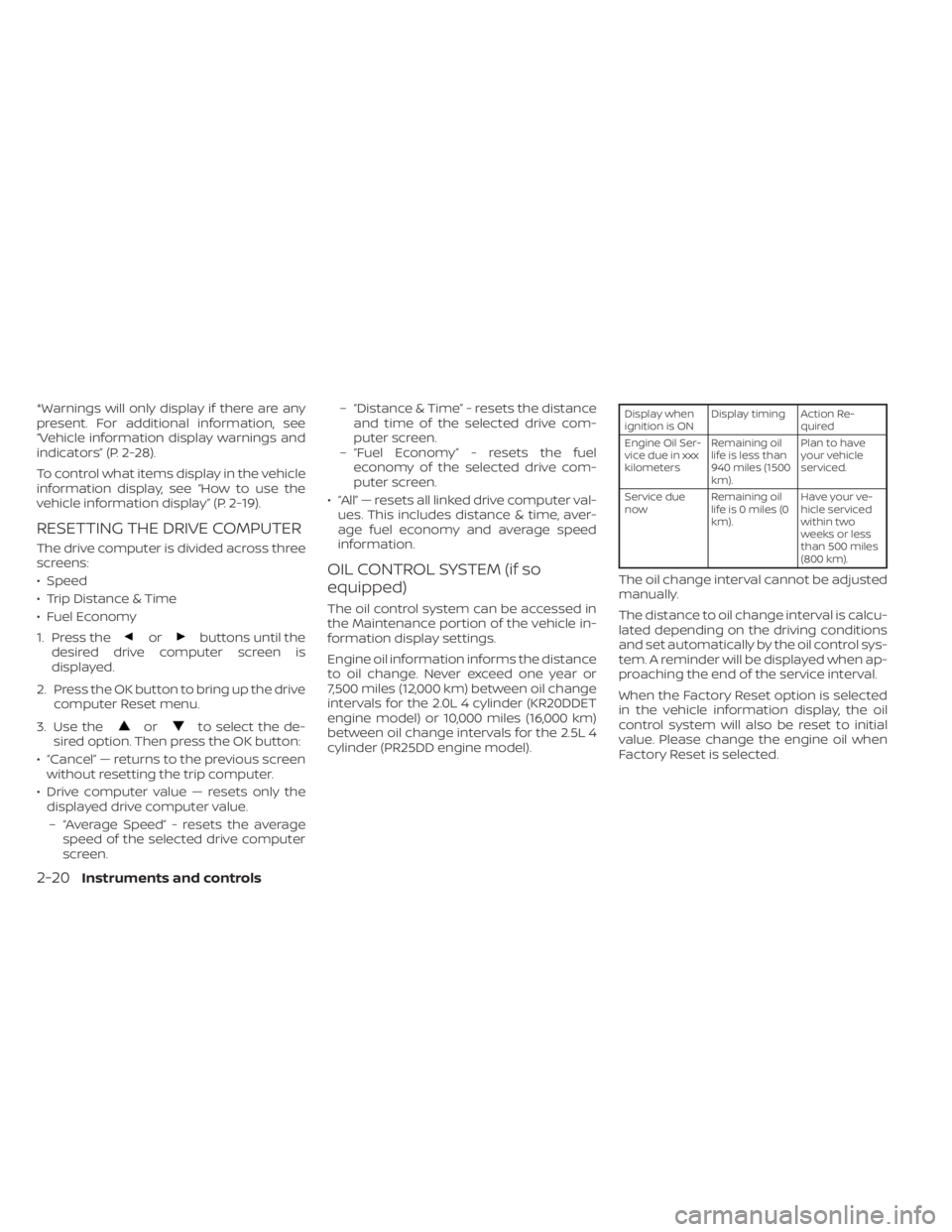 NISSAN ALTIMA 2023  Owners Manual *Warnings will only display if there are any
present. For additional information, see
“Vehicle information display warnings and
indicators” (P. 2-28).
To control what items display in the vehicle
