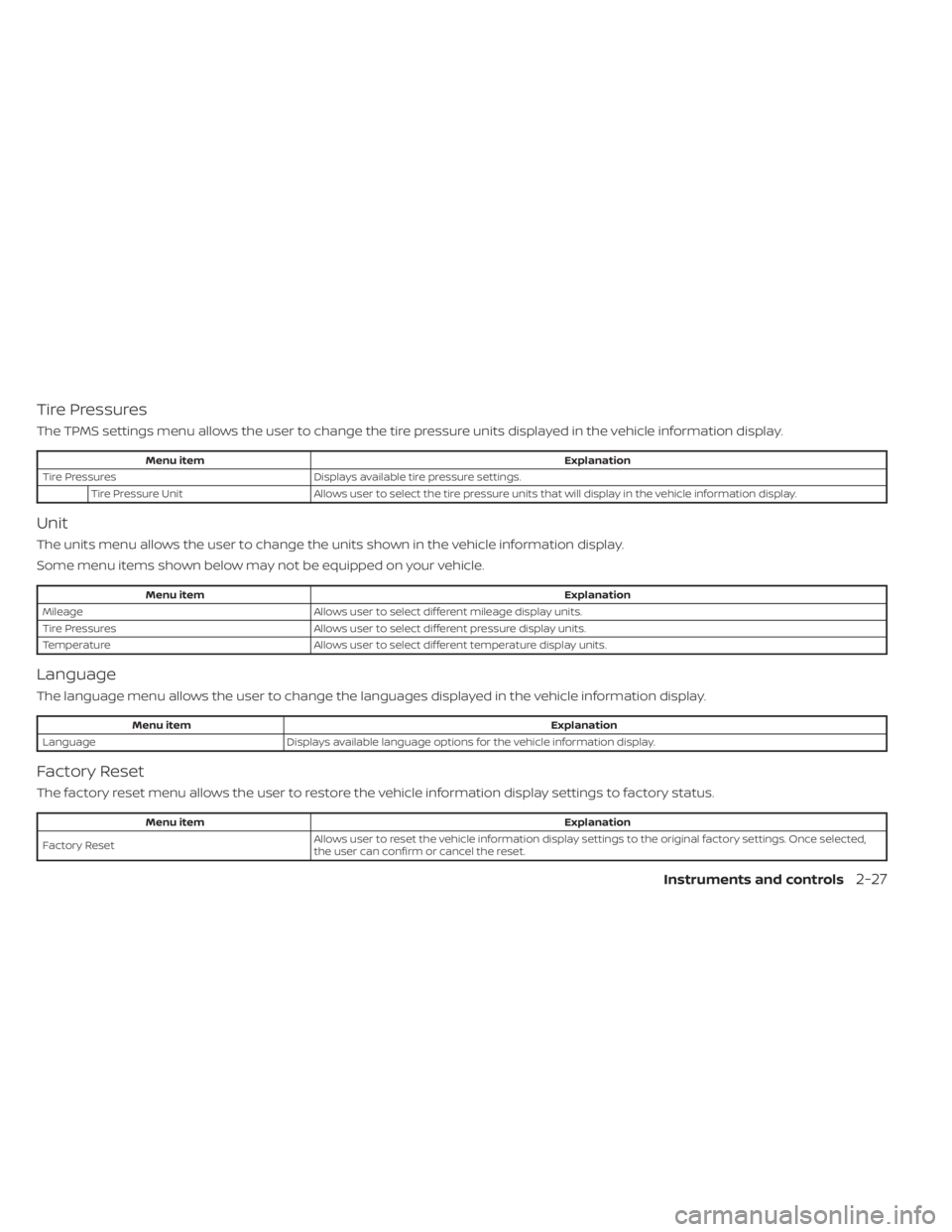 NISSAN ALTIMA 2023  Owners Manual Tire Pressures
The TPMS settings menu allows the user to change the tire pressure units displayed in the vehicle information display.
Menu itemExplanation
Tire Pressures Displays available tire pressu