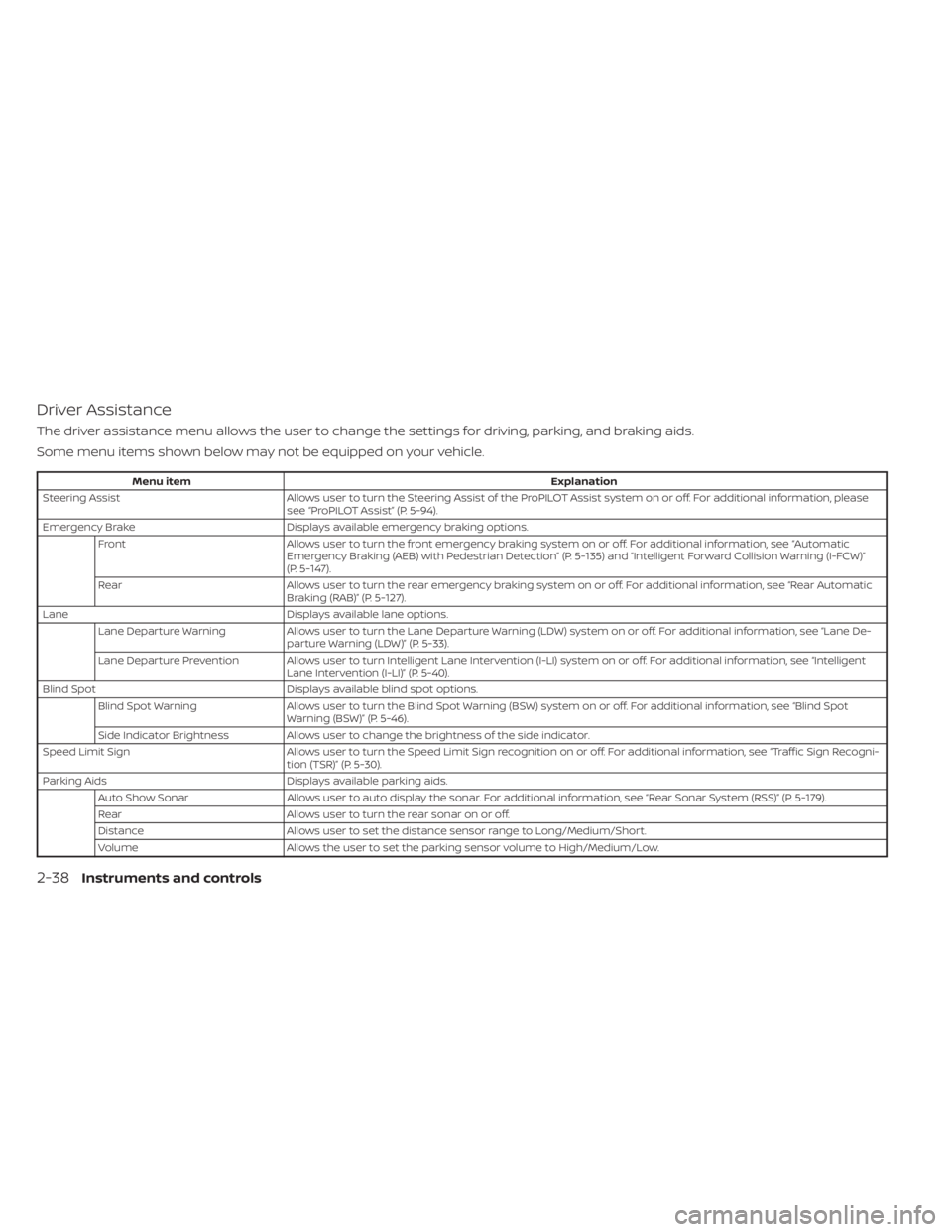 NISSAN ALTIMA 2023  Owners Manual Driver Assistance
The driver assistance menu allows the user to change the settings for driving, parking, and braking aids.
Some menu items shown below may not be equipped on your vehicle.
Menu itemEx