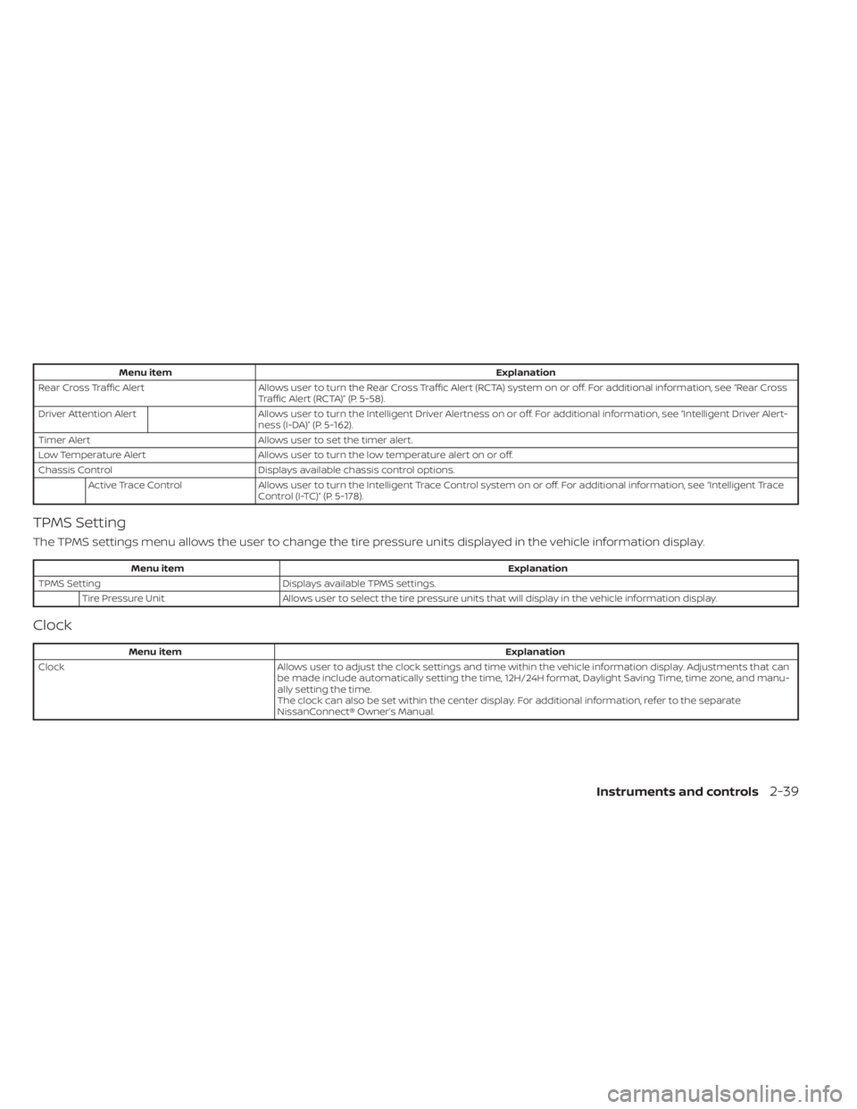 NISSAN ALTIMA 2023  Owners Manual Menu itemExplanation
Rear Cross Traffic Alert Allows user to turn the Rear Cross Traffic Alert (RCTA) system on or off. For additional information, see “Rear Cross
Traffic Alert (RCTA)” (P. 5-58).