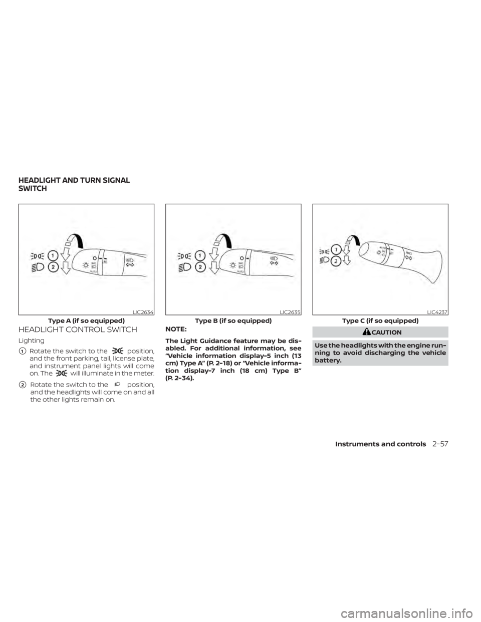 NISSAN ALTIMA 2023  Owners Manual HEADLIGHT CONTROL SWITCH
Lighting
1Rotate the switch to theposition,
and the front parking, tail, license plate,
and instrument panel lights will come
on. The
will illuminate in the meter.
2Rotate t
