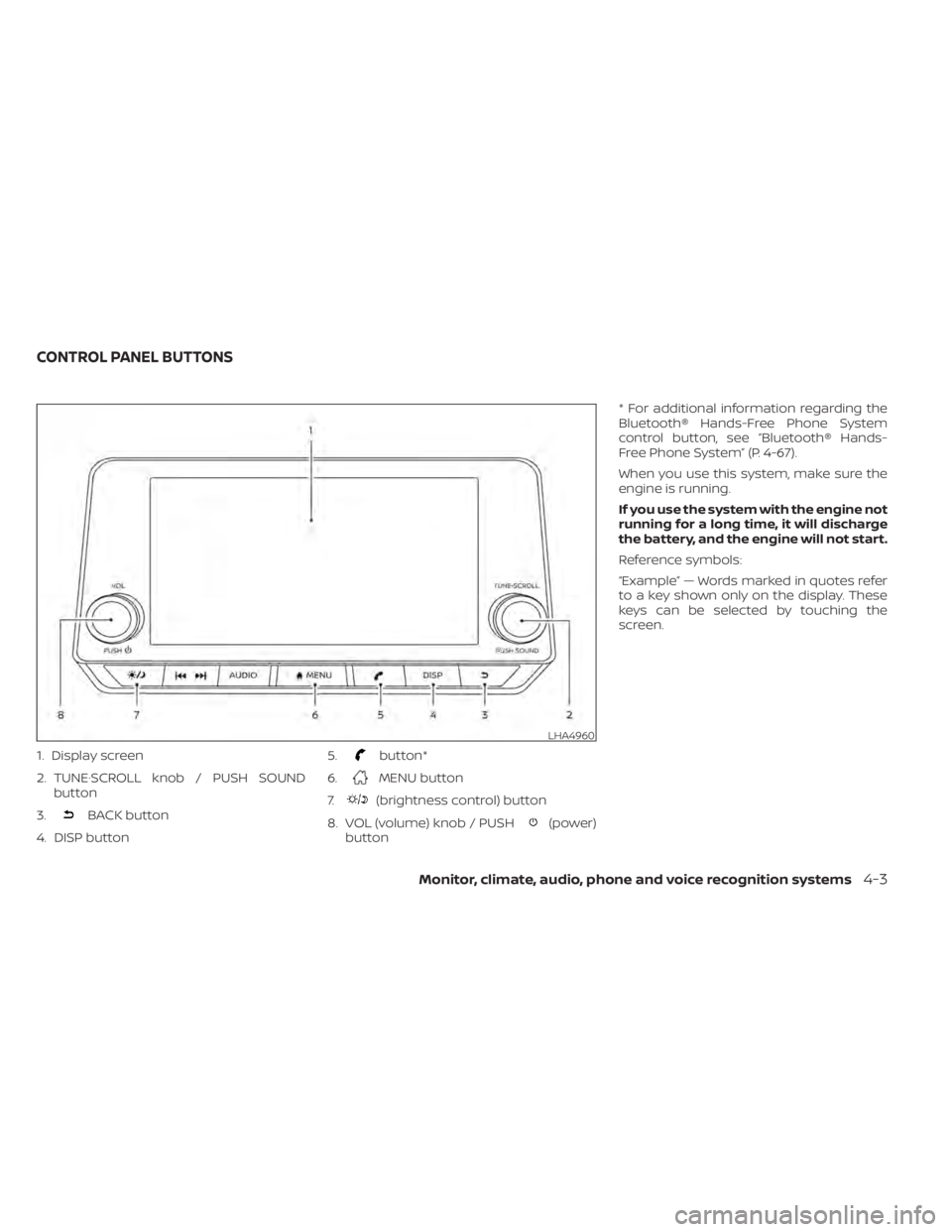 NISSAN ALTIMA 2023  Owners Manual 1. Display screen
2. TUNE·SCROLL knob / PUSH SOUNDbutton
3.
BACK button
4. DISP button 5.
button*
6.
MENU button
7.
(brightness control) button
8. VOL (volume) knob / PUSH
(power)
button * For additi