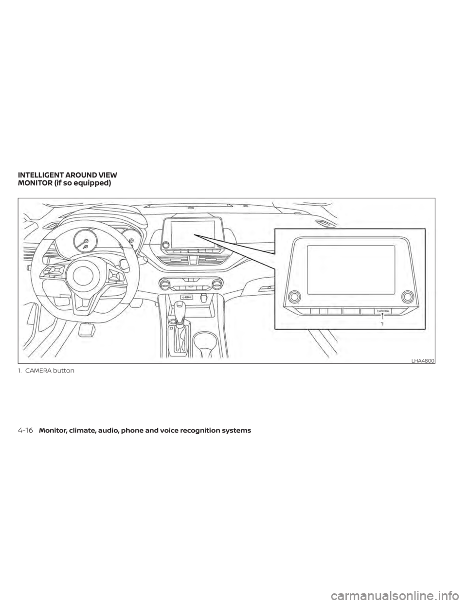 NISSAN ALTIMA 2023  Owners Manual 1. CAMERA button
LHA4800
INTELLIGENT AROUND VIEW
MONITOR (if so equipped)
4-16Monitor, climate, audio, phone and voice recognition systems 