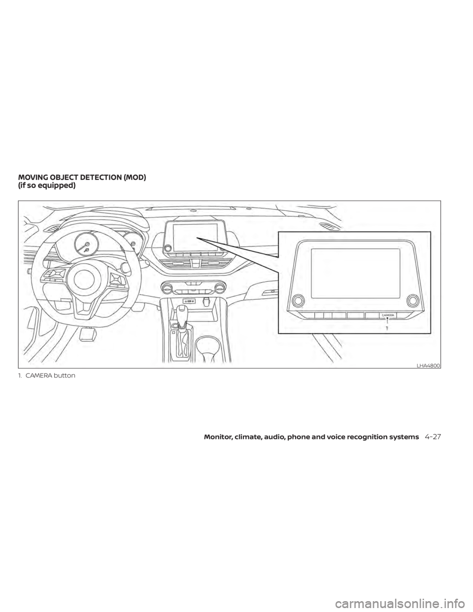 NISSAN ALTIMA 2023 Owners Manual 1. CAMERA button
LHA4800
MOVING OBJECT DETECTION (MOD)
(if so equipped)
Monitor, climate, audio, phone and voice recognition systems4-27 NISSAN ALTIMA 2023 Owners Manual 1. CAMERA button
LHA4800
MOVING OBJECT DETECTION (MOD)
(if so equipped)
Monitor, climate, audio, phone and voice recognition systems4-27